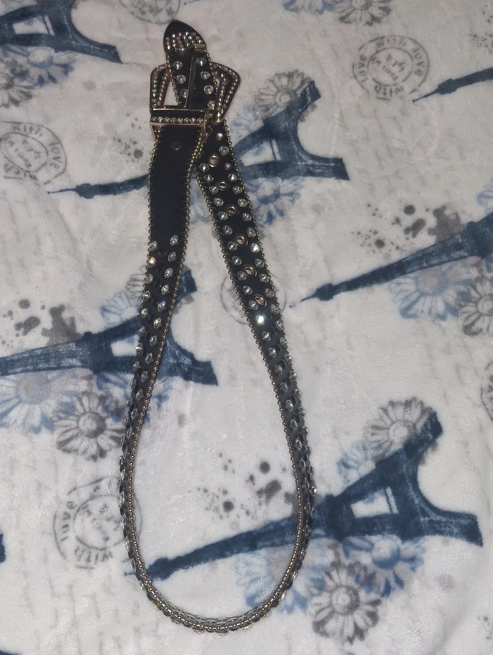 Studded Black Leather Belt with Crystal Accents